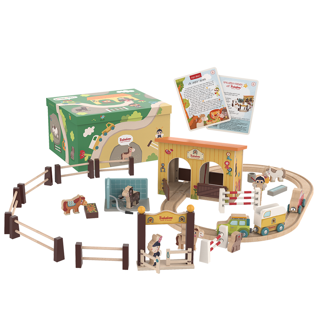 Horse Stable Play World all pieces shown with packaging